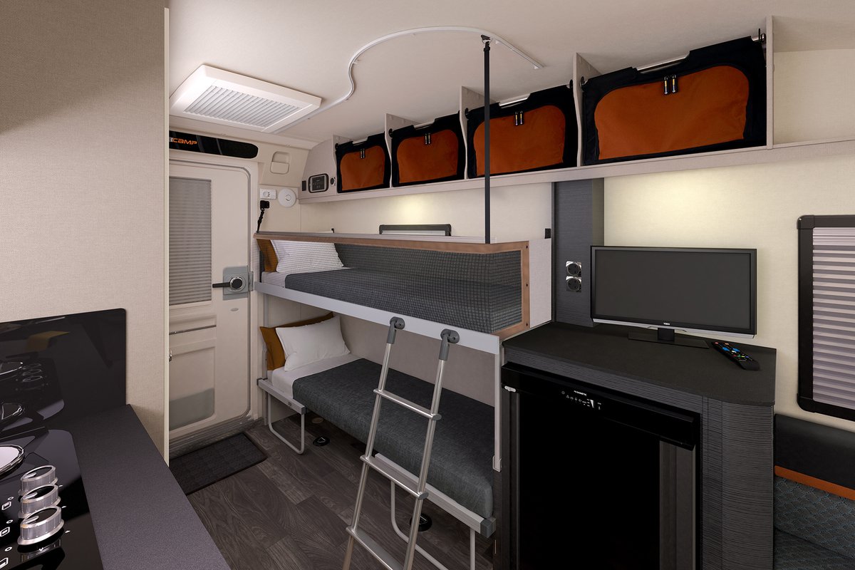 The Basecamp's stylish exterior extends inside with a new fresh Ocean fabric scheme.
The seating in BC2 converts into a large double bed, whereas BC3 has a fixed folding bed. BC4 has a double bed as well as bunk beds.
Find your Basecamp dealership here swiftbasecamp.co.uk/find-a-dealer/