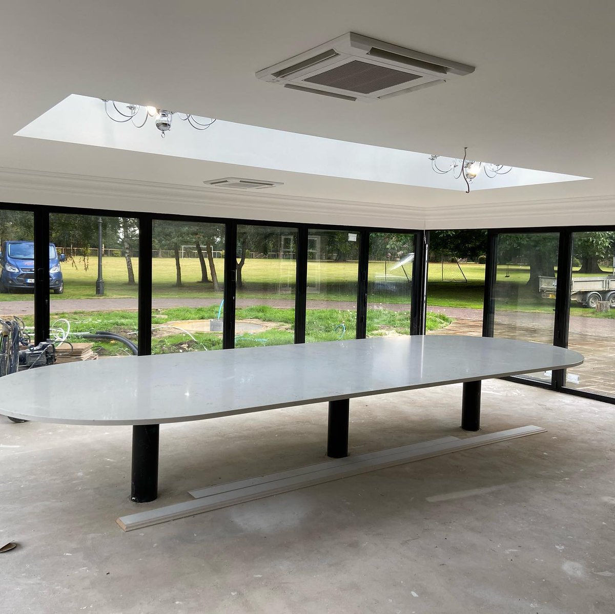 We often get asked to make something unusual, and this dining table certainly fits that category. It measures 5.3m x1.9m in Fugen Super Jumbo Carrara quartz. This room will definitely be doing some grand entertaining. 
marble-granite-quartz.com
#quartzdiningtable #yorkshirequartz