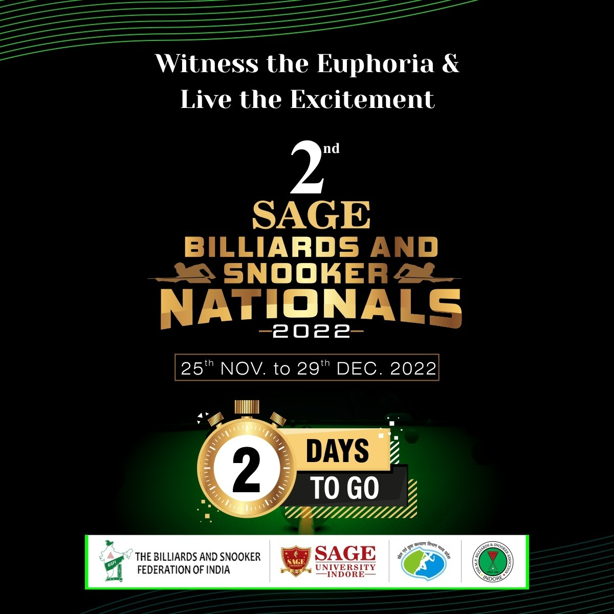 SAGE_INDORE's tweet photo. Just 2 days for the most thrilling Championship.
___
#SAGEBilliardsAndSnookerNationals #CueGames #SUI #SAGEUniversityIndore #SAGEUniversity #BSFI #BilliardsSnookerFederationOfIndia #SnookerChampionship #NationalChampionship #BilliardsChampionship https://t.co/9xXUT38Vly
