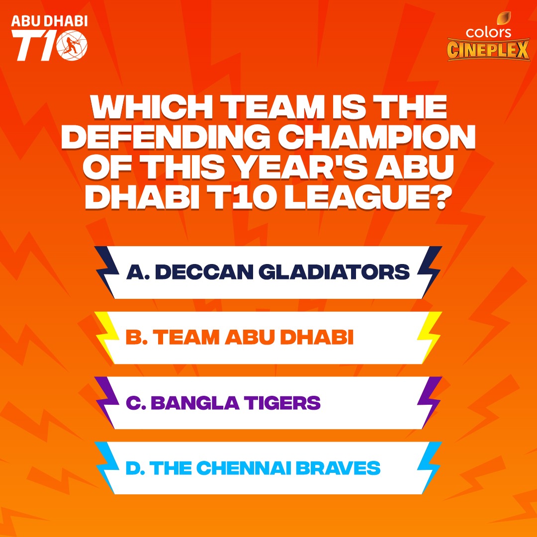 Question 1 of 10. Answer all 10 and get a chance to win prizes amounting up to 1 lakh! To know the answers to the next 9 questions, don't forget to watch the Abu Dhabi <a href="/T10League/">T10 Global</a> only on <a href="/Colors_Cineplex/">Colors Cineplex</a> 

#DusSabseZabardast #T10onColorsCineplex <a href="/Sports18/">Sports18</a> @JioCinema