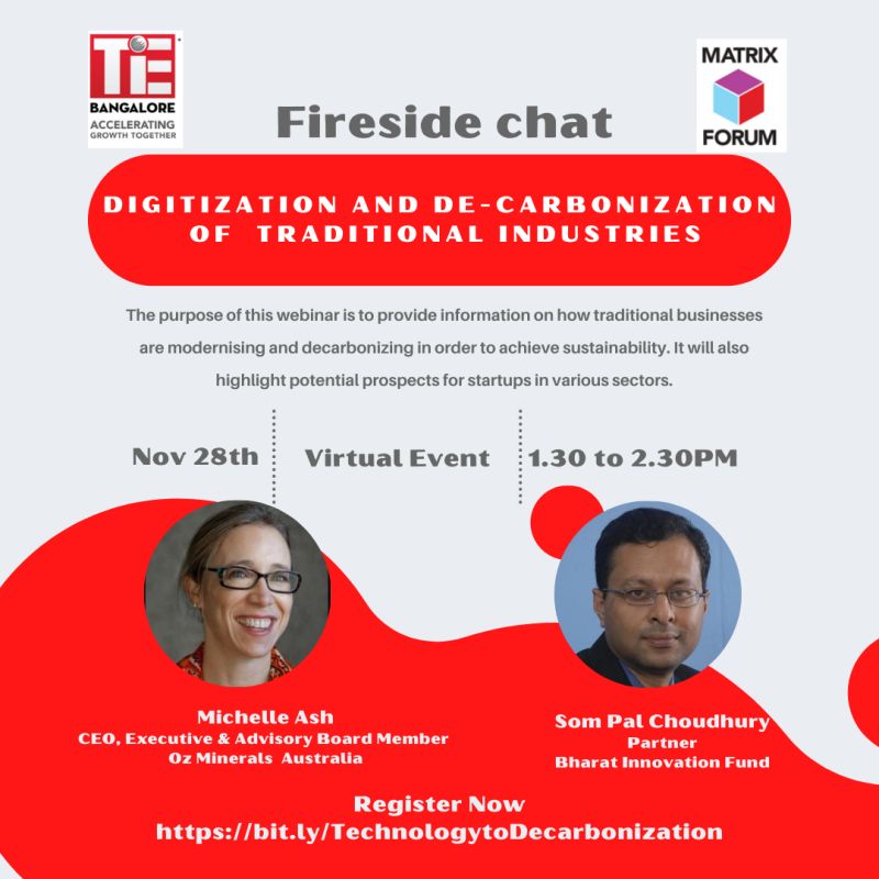 Bharat Innovation Fund (@bharat_fund) on Twitter photo Join for a fireside chat on "Digitization and De-carbonization of Traditional Industries" with <a href="/sompalchoudhury/">Som Pal Choudhury</a> and @MichelleAsh, the CEO of @OZMinerals on 28th Nov to know what traditional businesses are doing to achieve sustainability.
Register here: bit.ly/TechnologytoDe… Join for a fireside chat on "Digitization and De-carbonization of Traditional Industries" with <a href="/sompalchoudhury/">Som Pal Choudhury</a> and @MichelleAsh, the CEO of @OZMinerals on 28th Nov to know what traditional businesses are doing to achieve sustainability.
Register here: bit.ly/TechnologytoDe…
