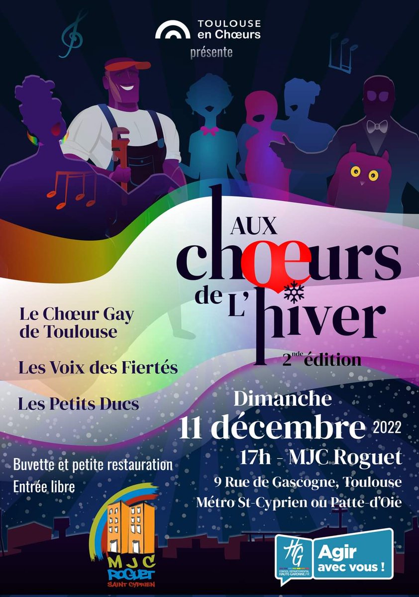 Le 11 décembre Toulouse en chœurs revient avec l'hiver ! 
Les Petits Ducs, les Voix Des Fiertés et le Chœur Gay vous présentent leur spectacle à 17h à la MJC Roguet, 9 rue de Gascogne à Toulouse.
Vous pourrez trouver la billetterie en ligne sur notre site en bio, à très vite ! ❄️