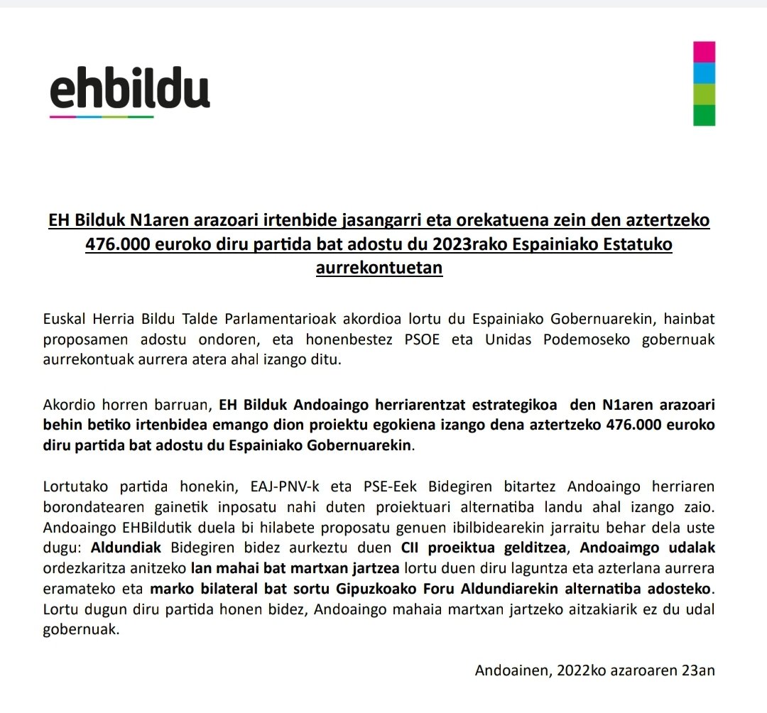 andoniAlete's tweet photo. Oso albiste ona Andoainentzat. N1aren arazoari irtenbide jasangarri eta orekatuena zein den aztertzeko 476.000 euroko diru partida lortu dugu. Guztiok batera norabide berdinean lanean jarraitu behar dugu. https://t.co/zD8xeuk46z