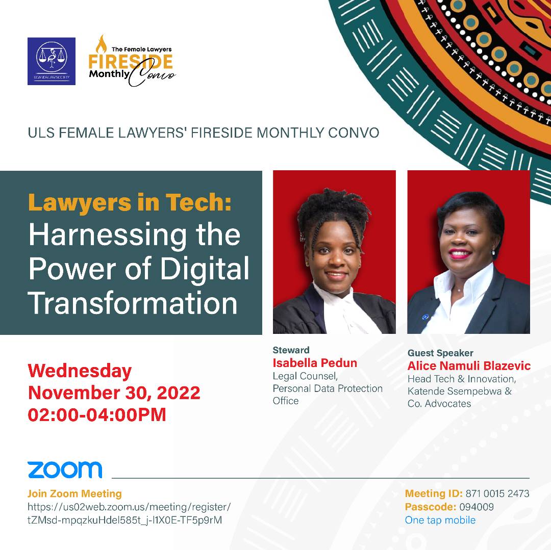 ug_lawsociety's tweet photo. LAWYERS IN TECH: HARNESSING THE POWER OF DIGITAL TRANSFORMATION

Register in advance for this meeting:
https://t.co/OvGMWBnrAF 

Meeting ID: 871 0015 2473
Passcode:  094009

@WomenProbono @PrimahKwagala @NamuliBlazevic https://t.co/26xvr4hWES