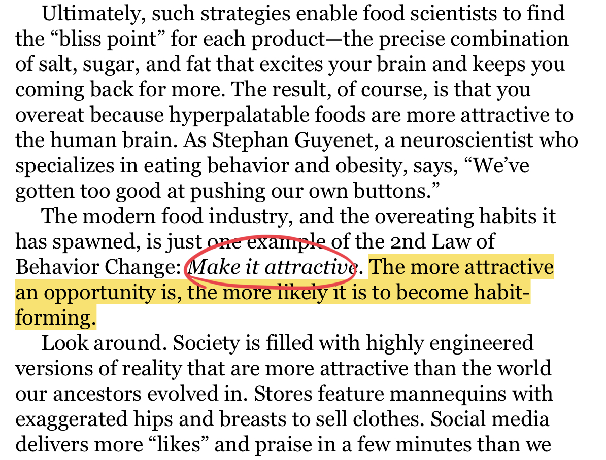 1Bookism's tweet image. “Make it attractive!”

“The more attractive an opportunity is, the more likely it is to become habit-forming.”

📚Book: Atomic Habits
