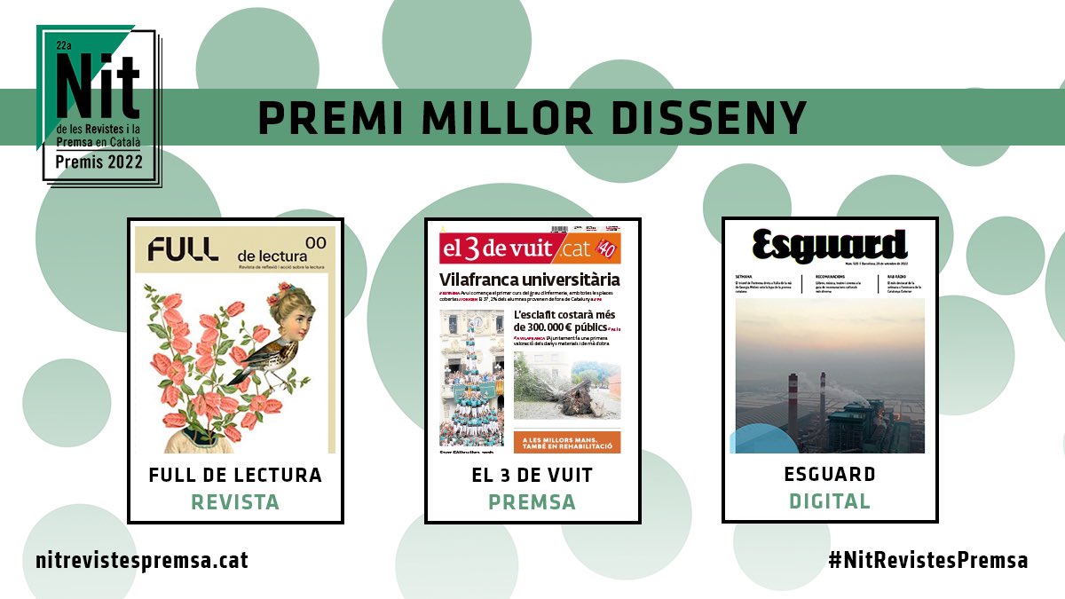 APPEC · Editors de Revistes i Digitals (@revistesappec) on Twitter photo ❗️El premi a millor disseny editorial de la #NitRevistesPremsa és per:
📰 Full de lectura (<a href="/FundacioFull/">Fundació FULL</a>) per una maquetació actual i elegant.
🗞️ <a href="/el3devuit/">el3devuit</a> pel seu atractiu redisseny.
📲 <a href="/RevistaEsguard/">Revista Esguard</a> per mantenir el format revista i aprofitar els avantatges multimèdia. ❗️El premi a millor disseny editorial de la #NitRevistesPremsa és per:
📰 Full de lectura (<a href="/FundacioFull/">Fundació FULL</a>) per una maquetació actual i elegant.
🗞️ <a href="/el3devuit/">el3devuit</a> pel seu atractiu redisseny.
📲 <a href="/RevistaEsguard/">Revista Esguard</a> per mantenir el format revista i aprofitar els avantatges multimèdia.
