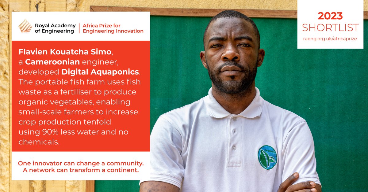 🇨🇲 Engineer <a href="/flavienkouatcha/">Flavien Kouatcha 🇨🇲</a> developed Digital Aquaponics to help small-scale farmers increase crop production. It enables 10x more food to be grown with 10% of the water and eliminates the need for chemical fertilisers in crop production: africaprize.raeng.org.uk/2023-cohort/fl… #AfricaPrize