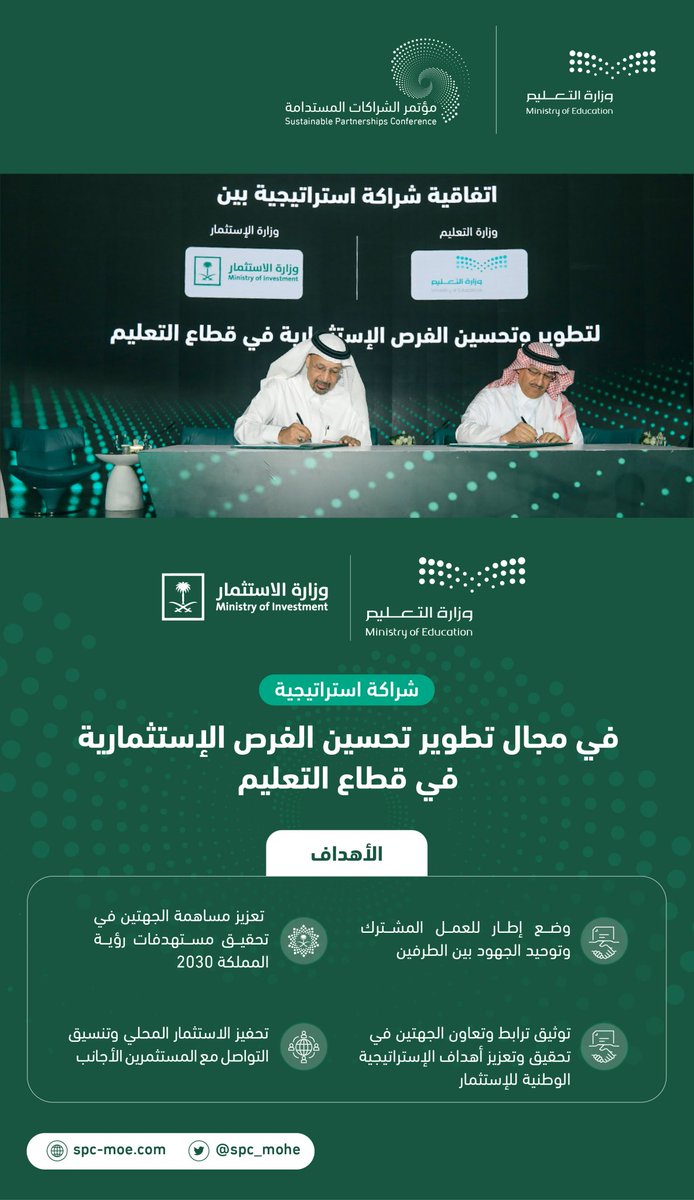 cua_gov_sa's tweet photo. ضمن فعاليات اليوم الأول لـ #مؤتمر_الشراكات_المستدامة.. وزير التعليم ووزير الاستثمار يُوقعان مذكرة تفاهم بين #وزارة_التعليم و @MISA في مجال تطوير تحسين الفرص الاستثمارية في قطاع التعليم. https://t.co/XNqNvPE3T6