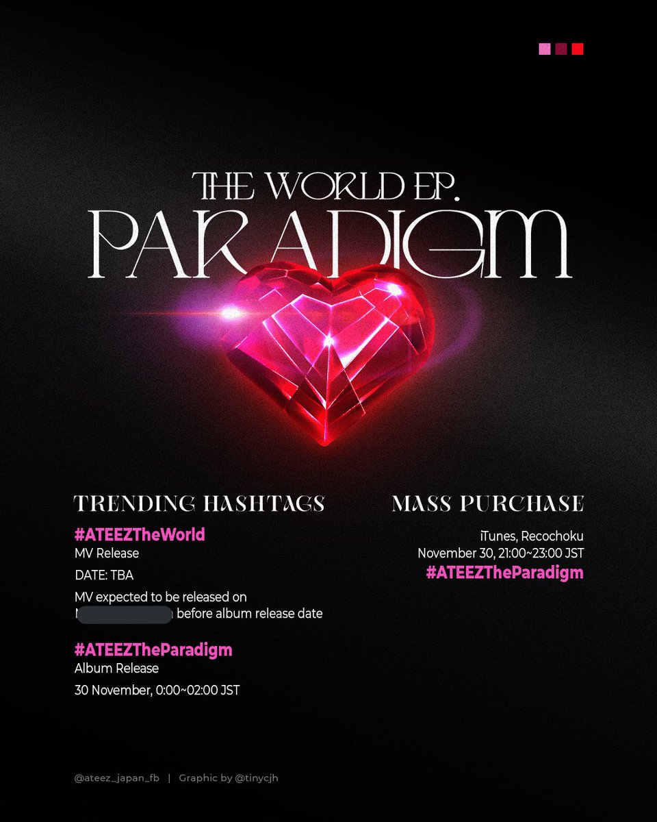 ateez_japan_fb's tweet photo. [📣] Hashtags for JAPAN 3RD MINI ALBUM [THE WORLD EP. PARADIGM]

📺 MV Release: #.ATEEZTheWorld
🏴‍☠️ Album Release #.ATEEZTheParadigm

Mass purchase on iTunes and Recochoku on Nov 30, 21:00~23:00 JST! ↓
#.ATEEZTheParadigm 

@ATEEZofficial #ATEEZ #에이티즈 #PARADIGM #エイティーズ https://t.co/0oEZvulqxq