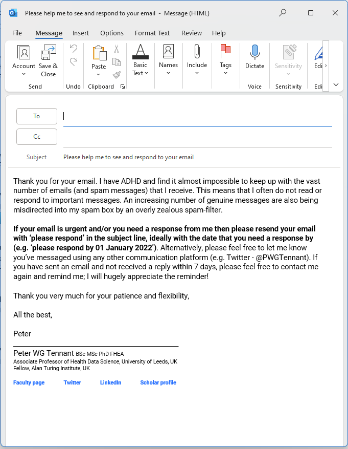 I have #ADHD and struggle with emails. Things have been easier since I created this autoreply. I thought I'd share for those who haven't seen it before!

#Neurodiversity #Neurodivergent