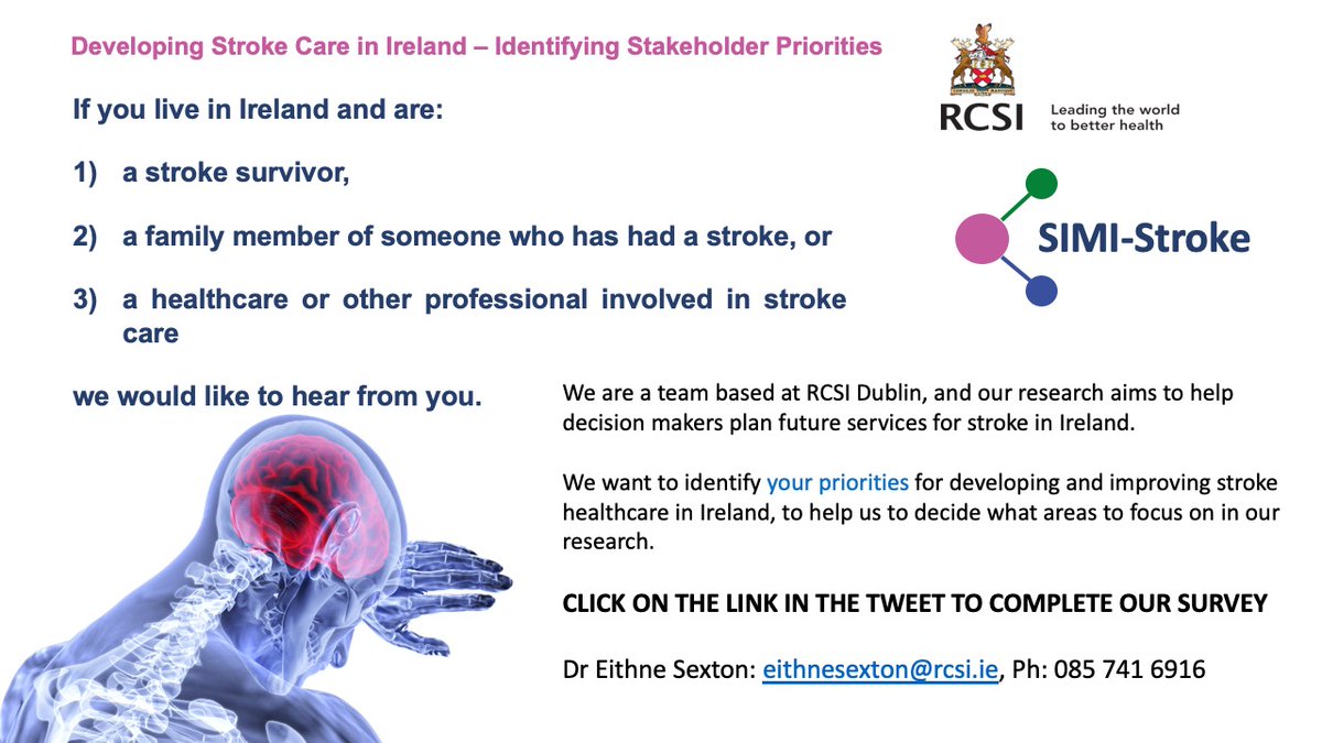 Calling stroke survivors, their family members and professionals involved in stroke care in Ireland We want to know your priorities for improving stroke care in Ireland Complete our survey: simistrokercsi.qualtrics.com/jfe/form/SV_81… To do it by post, contact Eithne Sexton eithnesexton@rcsi.ie
