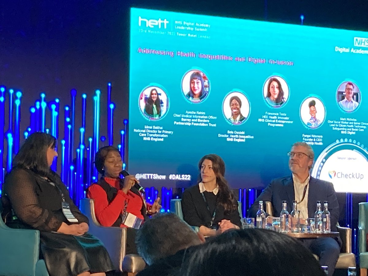 Inspiring Dr Bola Owolabi on using digital as an accelerant and enabler to tackle health inequalities - handled properly! Devices, data and physical environment vital to address - and co-create the solutions. Who isn’t around the table??… @HETTShow #DALS22 #EYHealthUK