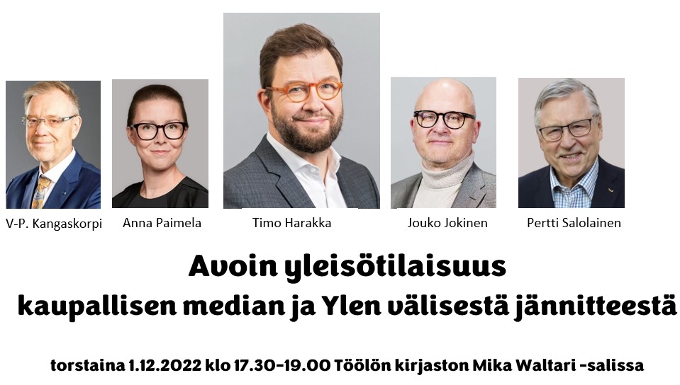 Kaupallinen lehdistö käy reviiritaistelua yrittämällä   rajoittaa Ylen toimintaa samalla, kun lehtitalot siirtyvät printistä videoihin ja suoriin lähetyksiin verkossa. Myös televisio ja radio laajenevat nettiin. Onko reviirijaoissa enää mieltä? Tässä esiintyjät. Tule sinäkin!