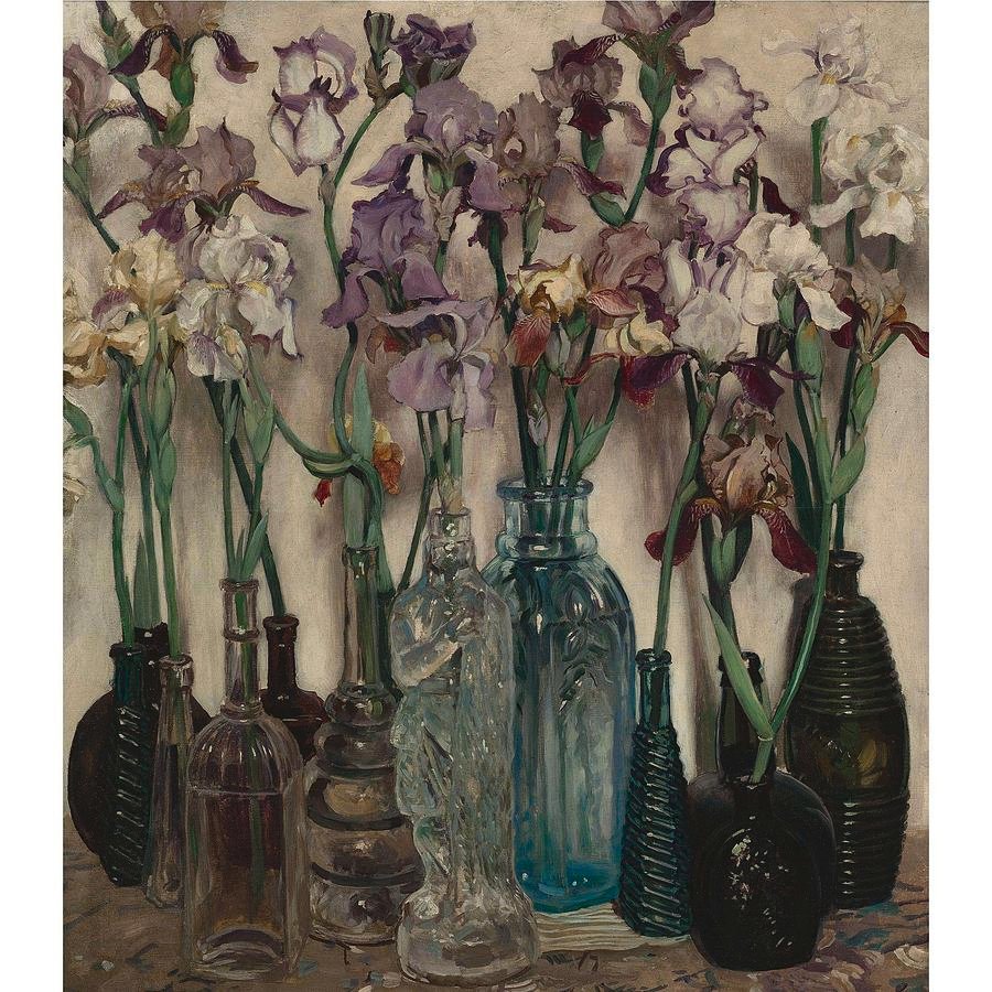 #frederickjuddwaugh Of all his art that I viewed while researching his work, this is my absolute favorite! Irises in different shaped bottles. Glorious!

#artistoftheweek #americanartists #painting #irises #flowersinart #flowersinbottles #antiquebottles  #glasslovers