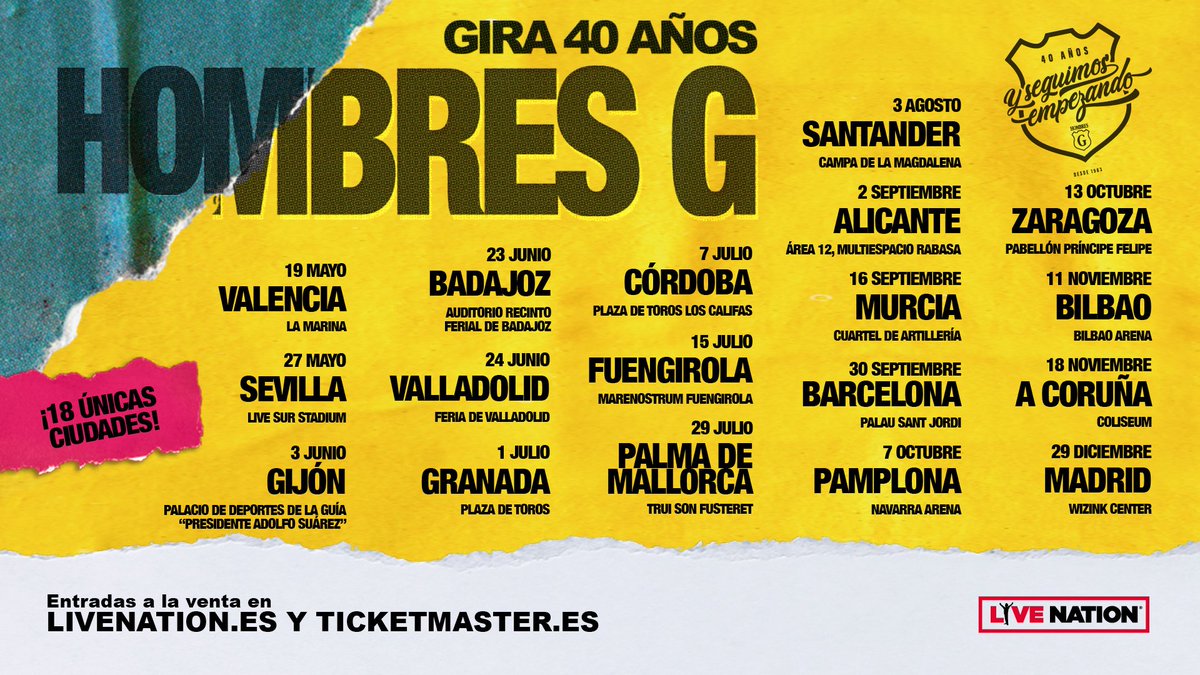 Pauli_G's tweet photo. 🥳Dieciocho únicas ciudades en España 🇪🇸 disfrutaremos de un espectáculo maravilloso y celebraremos los 40 años de @HombresG por todo lo alto, como ellos se merecen.  🥳🍻🎶🎸

Las entradas salen este viernes 25 de noviembre a partir del mediodía en Ticketmaster  @LiveNationES https://t.co/lzxdAr3CIN