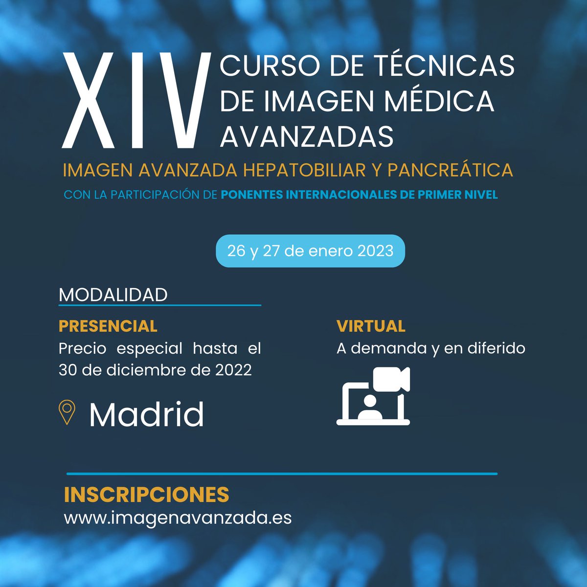 HTmedica's tweet photo. Elige la modalidad que prefieras en https://t.co/38iP1o7K86 y no te pierdas el 14 CURSO #IMA:
🔹PRESENCIAL (precio reducido hasta el 30/12)
🔹ONLINE en diferido
¡Te esperamos el próximo 26 y 27 de enero en Madrid!
#médicoradiólogo #radiología #salud #HTMédica #diagnóstiporimagen https://t.co/li5bb3i9P3