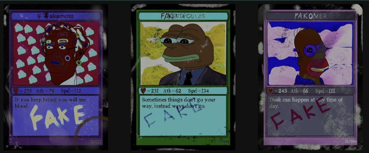 YOTET (@mrcronicmusles) on Twitter photo Over a year ago today I created FAKAMOTO, since then I created 10 fake rares. A few days ago I accounced;
PROJECTFAKE.IO
<a href="/ProjectFakeNFT/">ProjectFake</a>
999 Unique NFTs on the Ethereum network stored forever.
Featuring;
- FAKAMOTO
- FAKOMER
- FAKENOPOULOS
🧵Below > Over a year ago today I created FAKAMOTO, since then I created 10 fake rares. A few days ago I accounced;
PROJECTFAKE.IO
<a href="/ProjectFakeNFT/">ProjectFake</a>
999 Unique NFTs on the Ethereum network stored forever.
Featuring;
- FAKAMOTO
- FAKOMER
- FAKENOPOULOS
🧵Below >