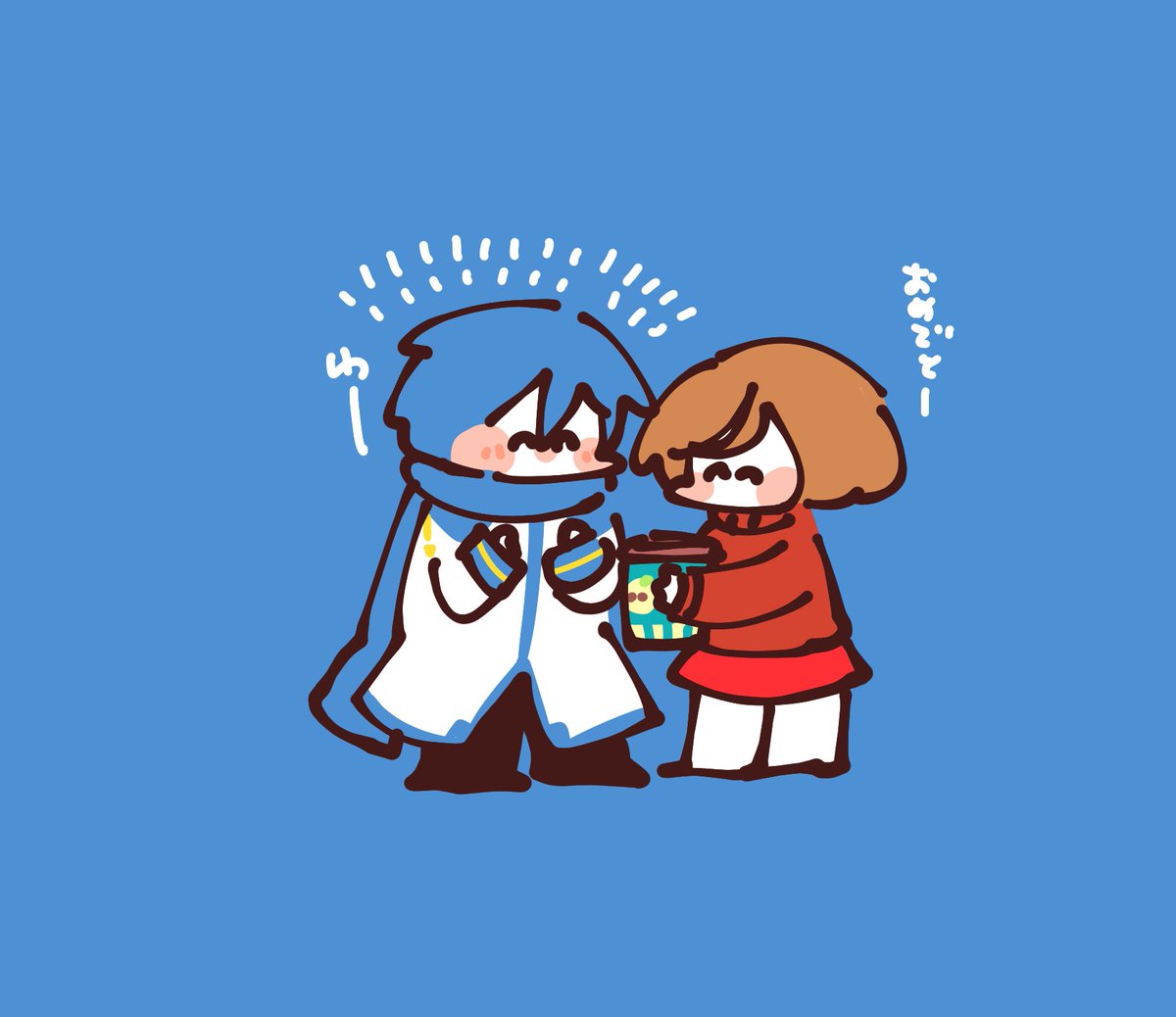 kaito (vocaloid) ,meiko (vocaloid) 1girl 1boy blue scarf brown hair chibi scarf red background  illustration images