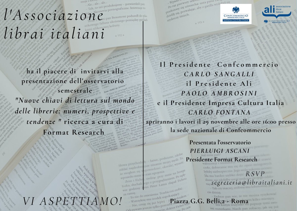 🔴🔴SAVE THE DATE 🔴🔴
Il 29 novembre ore 16:00 Confcommercio  sarà presentato l''osservatorio  semestrale, ricerca a cura di ALI e Format Research 📚📖
Partecipa all'evento scrivendoci a segreteria@libraitaliani.it 
🫵VI ASPETTIAMO!!!
#Ali 
#librerieindipendenti 
<a href="/Confcommercio/">Confcommercio</a>