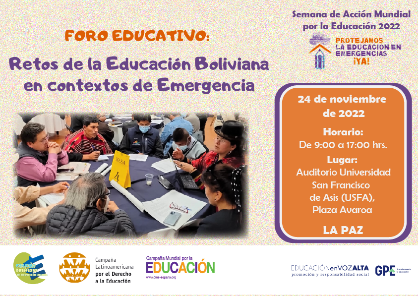 redclade's tweet photo. 📌#Inscríbete
📍Foro Educativo: Retos de la Educación Boliviana en contextos de emergencia
📍 Organiza: @CampaaBoliviana 
Para participar deben registrarse hasta el #23deNoviembre:
👉 https://t.co/c4pvz22YIY

#ODS4 #CLADE #SAME2022 #GAWE2022 #ProtectEiENow #EducaciónEnEmergencias https://t.co/lHTvSds6GX