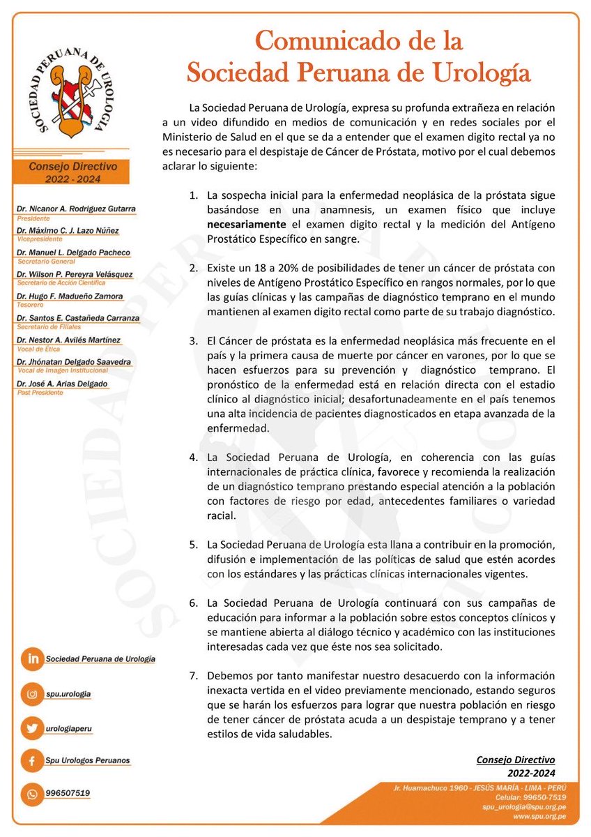 Les comparto el comunicado de la Sociedad Peruana de Urología aclarando la versión inexacta del Ministerio de Salud sobre la realización del tacto rectal en los chequeos de descarte de cáncer de próstata