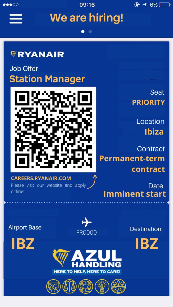AzulHandling's tweet photo. We are looking for a #StationManager to join our #EquipAzul in #Ibiza. Visit our website and/or scan the QR code for more information and apply for this Azul position.
#theazulway #heretohelpheretocare #fivepillars #OneVision #OneMission #aeropuertoibiza #ofertatrabajo @Ryanair https://t.co/6fGIK9H9FB