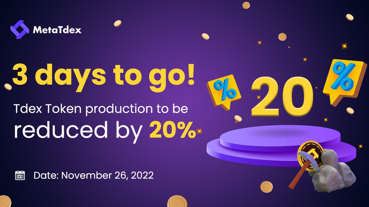 MetaTdex's tweet image. 📢Announcement

According to Tdex Token issuance mechanism, MetaTdex is set to cut production of the platform's token. 

Date: November 26, 2022
Reduction: 20% (22,400,000 TT)
Annual output: 112 million TT to 89.6 million TT

#MetaTdex #TdexToken #DeFi #Token #Crypto