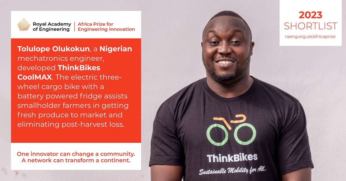 🇳🇬 Mechatronics engineer <a href="/tolubishop/">Olukokun Tolulope O</a> developed the ThinkBikes CoolMAX electric cargo bike and cooling unit to be powered by separate removable packs of recycled lithium-ion batteries taken from old laptop computers for a second life usage: africaprize.raeng.org.uk/2023-cohort/to… #AfricaPrize