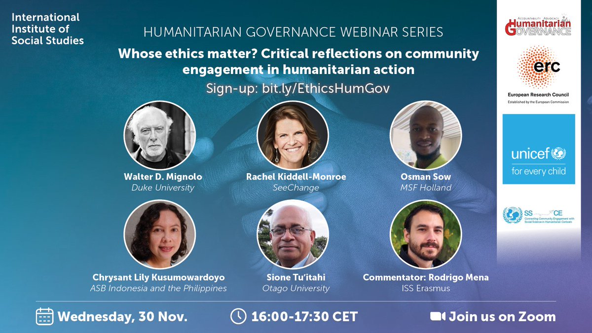 🔎 How can we critically examine ethics within #humanitarianaction? Join us via Zoom on Wednesday, 30 Nov. (16:00-17:30 CET) for the next #HumanitarianGovernance webinar series in collaboration with <a href="/UNICEF/">UNICEF</a>. Register to attend: bit.ly/EthicsHumGov
