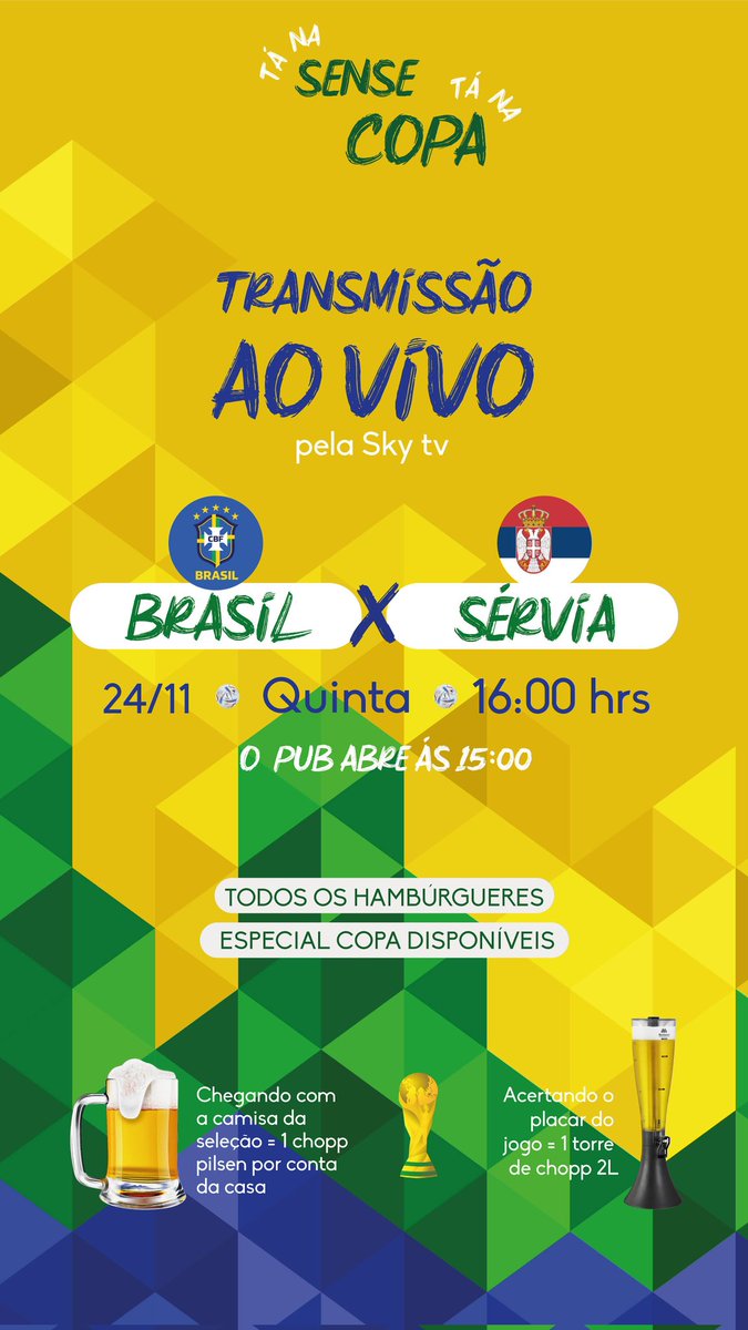 TÁ NA SENSE, TÁ NA COPA!
.
Bora ver a estreia do Brasil no bar mais canarinho? 
.
Já vai afiando os palpites! Acertando o placar do jogo, ganhar 1 torre de Pilsen 2L 🤤