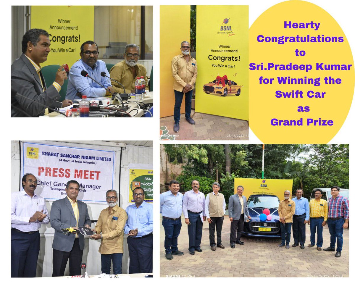 BSNL_Telangana (@bsnl_tt) on Twitter photo Sri.K.V.N Rao, Chief General Manager Telecom, BSNL Telangana circle has presented the Maruti Swift, the Grand Prize to Sri.Pradeep Kumar, Hyderabad on 23/11/2022 who won the BSNL-Hardy contest <a href="/BSNLCorporate/">BSNL India</a> Sri.K.V.N Rao, Chief General Manager Telecom, BSNL Telangana circle has presented the Maruti Swift, the Grand Prize to Sri.Pradeep Kumar, Hyderabad on 23/11/2022 who won the BSNL-Hardy contest <a href="/BSNLCorporate/">BSNL India</a>