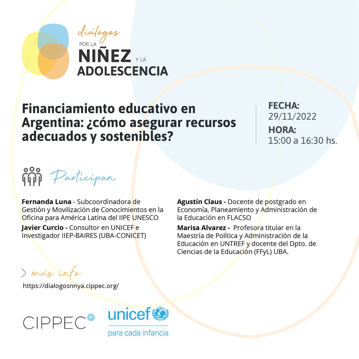CIPPEC (@cippec) on Twitter photo Junto con <a href="/UNICEFargentina/">UNICEF ARGENTINA</a> te invitamos al 6° dialogo sobre niñez y la adolescencia: “Financiamiento educativo en Argentina: ¿cómo asegurar recursos adecuados y sostenibles?”.
🗓 Martes 29/11: 15:00 a 16:30 hs.
📌 Más información en: dialogosnnya.cippec.org. Junto con <a href="/UNICEFargentina/">UNICEF ARGENTINA</a> te invitamos al 6° dialogo sobre niñez y la adolescencia: “Financiamiento educativo en Argentina: ¿cómo asegurar recursos adecuados y sostenibles?”.
🗓 Martes 29/11: 15:00 a 16:30 hs.
📌 Más información en: dialogosnnya.cippec.org.