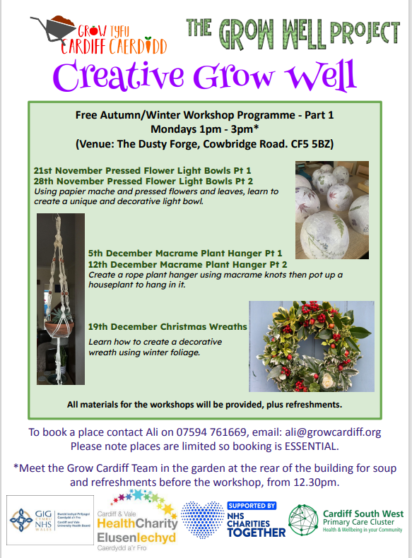 CardiffSW's tweet photo. @GrowWellCardiff @GrowCardiff
There is a bonus when the weather is awful...Indoor sessions!
1) Pressed Flower Light Bowls
2) Macrame Plant Hangers
3) Christmas Wreaths!
#Cardiff #SWCluster #health #wellbeing #GROW #Christmas #2022 #indoors #warm #makeyourown https://t.co/yZEnXT7Rdi