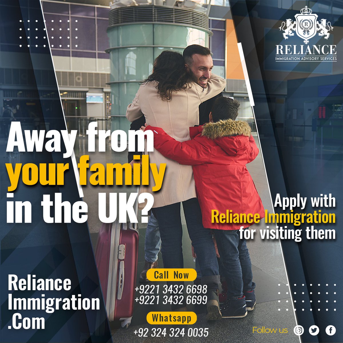 RelianceUKVisa's tweet photo. Away from your family in the UK? 
𝗚𝗘𝗧 𝗙𝗥𝗘𝗘 𝗜𝗡𝗜𝗧𝗜𝗔𝗟 𝗖𝗢𝗡𝗦𝗨𝗟𝗧𝗔𝗧𝗜𝗢𝗡 𝗧𝗢𝗗𝗔𝗬!
https://t.co/mCpS4tIkDj
𝗖𝗼𝗻𝘁𝗮𝗰𝘁 𝗨𝘀: +92 21 343 26698 | +92 21 343 26699
𝗪𝗵𝗮𝘁𝘀𝗔𝗽𝗽: +92 324 324 0035 
𝗩𝗶𝘀𝗶𝘁 𝗨𝘀: https://t.co/EynPOGKLfu https://t.co/qjwC6XmSVe