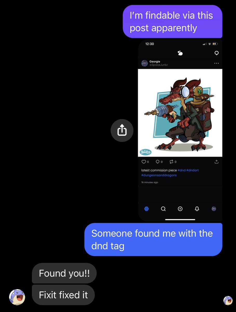 Ok so you can find me via this image and it’s dnd hashtags!

His name is Fixit and he did indeed fix it!