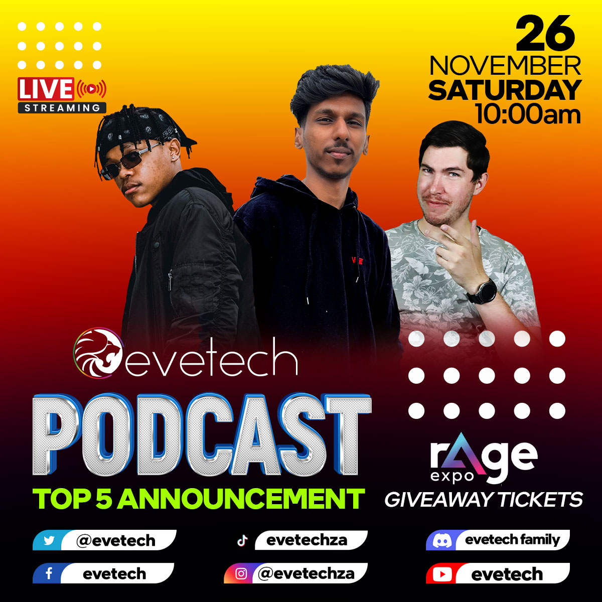 Evetech's tweet photo. Join @Vision_Sion @Roomys21 and Aqeel on Saturday @10AM for our Podcast where we will announce our Top 5 of the #Evecreator Competition and giveaway 5 Rage tickets @rAgeExpo
#evecreator #rageexpo2022 #Evetech https://t.co/zosbhECxUM