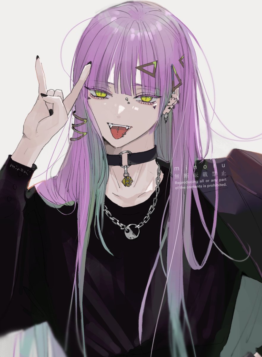 piercing green eyes tongue solo long hair purple hair tongue out  illustration images