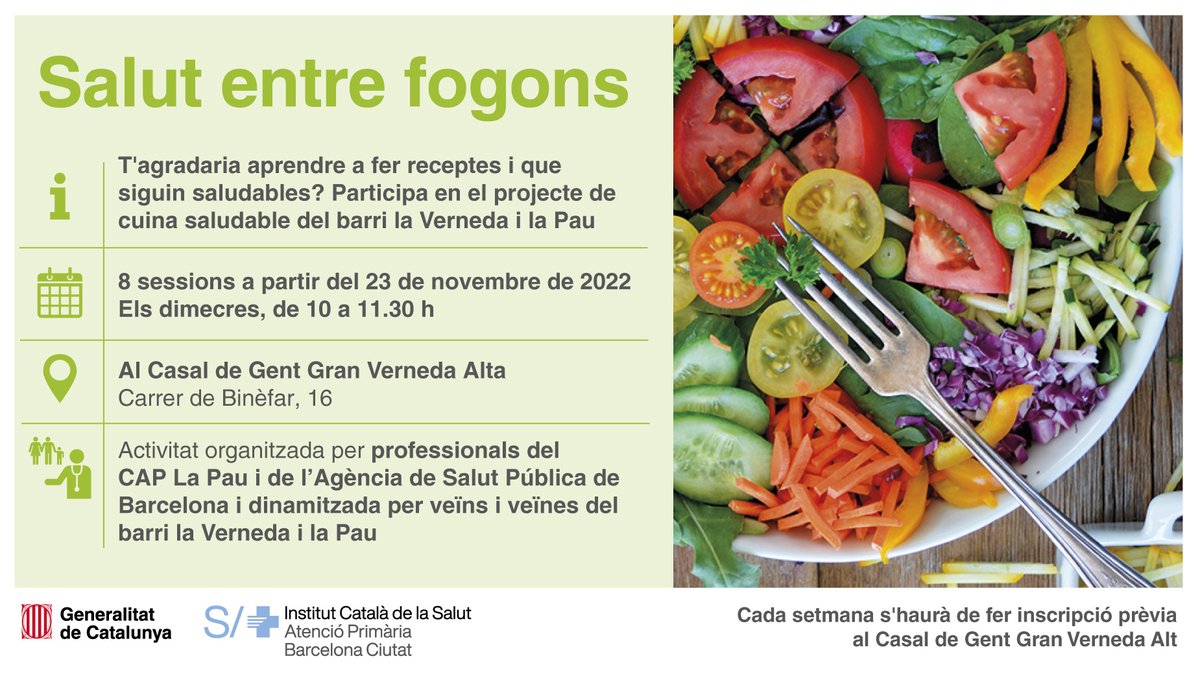 Atenció Primària i a la Comunitat de l'ICS (@primariaicscat) on Twitter photo 'Salut entre fogons' és un espai per aprendre i compartir receptes i hàbits de cuina saludable al barri de La Verneda i La Pau
🟢 8 sessions
🕙 Els dimecres, de 10 a 11.30 h
📍 Casal del Gent Gran Verneda Alta
Organitzat pel #CAPLaPau i @salutpublicabcn i dinamitzat pel veïnat 'Salut entre fogons' és un espai per aprendre i compartir receptes i hàbits de cuina saludable al barri de La Verneda i La Pau
🟢 8 sessions
🕙 Els dimecres, de 10 a 11.30 h
📍 Casal del Gent Gran Verneda Alta
Organitzat pel #CAPLaPau i @salutpublicabcn i dinamitzat pel veïnat