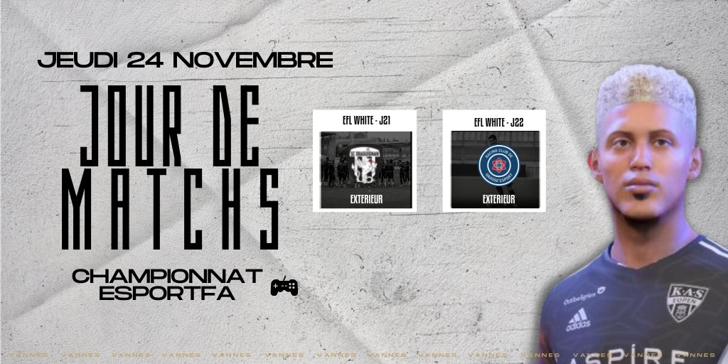 Fin de semaine en EFL <a href="/eSportFA_FR/">ESPORT FOR ASSOCIATIONS</a> !

🏆| EFL White
🆚| @DraguignanbyPuR 
🆚| <a href="/RCGrasse_eSport/">RC Pays de Grasse eSport</a> 

#AllezLeVOC⚫️⚪️
