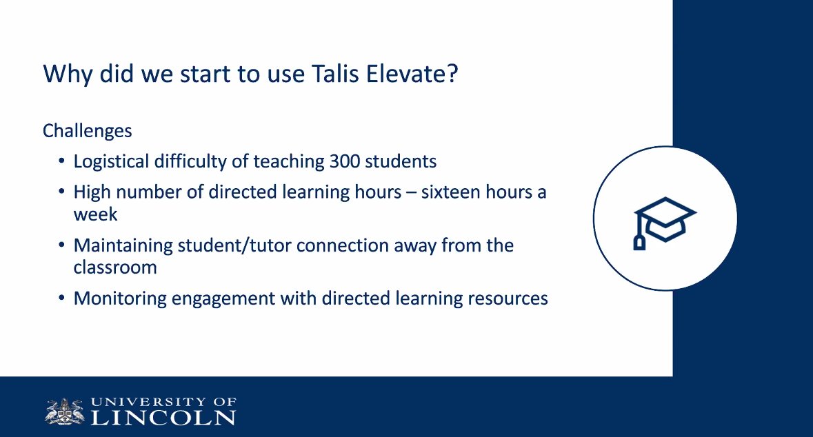 talis's tweet photo. @unilincoln Some great points from Mary Willis @unilincoln about why they started to use #TalisElevate to communicate and engage with students.
#TLCR22 https://t.co/peHRjDjZAU