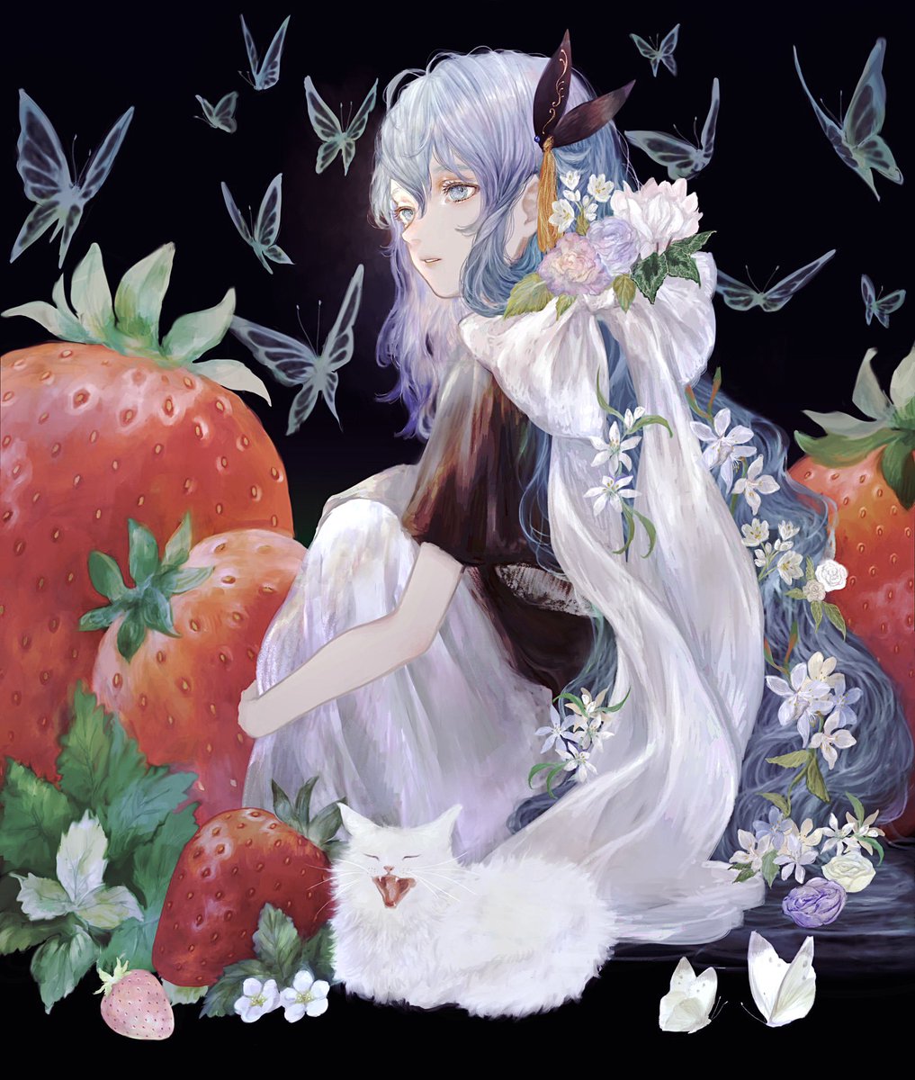 1girl butterfly fruit food long hair bug strawberry  illustration images