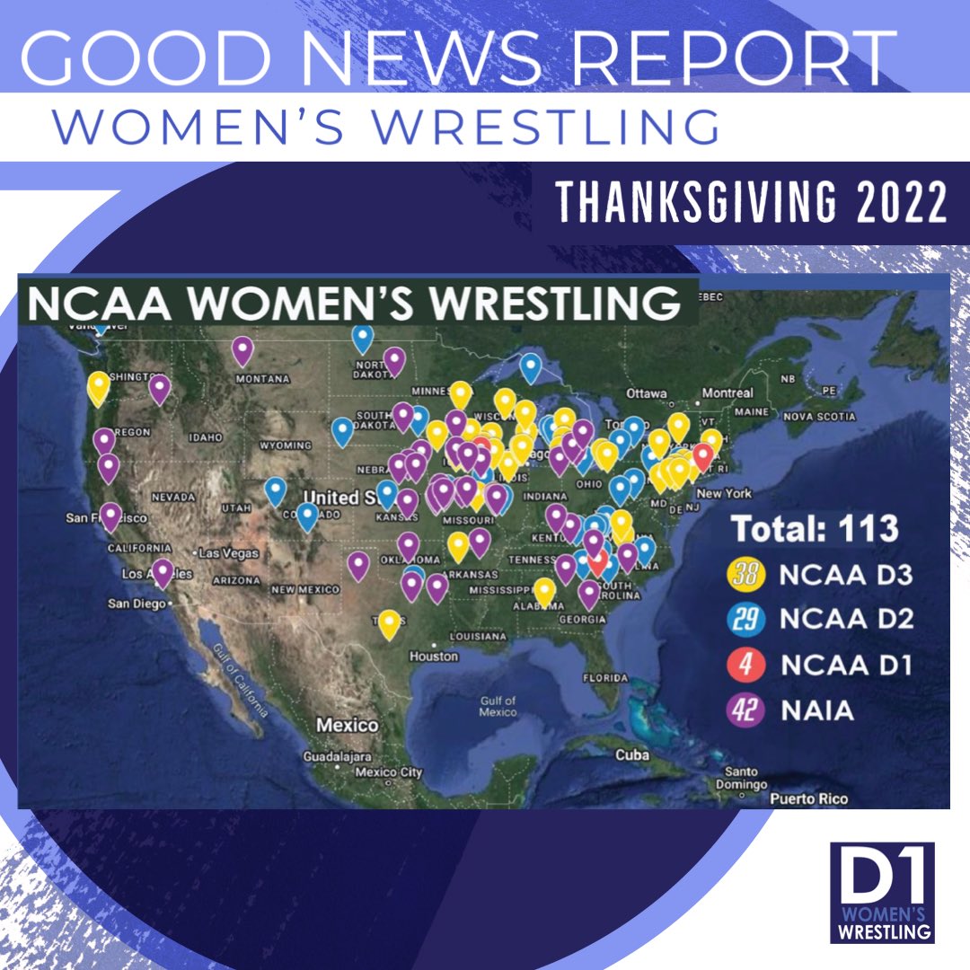 d1womenwrestle's tweet photo. The NCAA and NAIA programs are spreading out across the map providing a plethora of dual competition opportunities for teams.  Fingers crossed for more teams forming out west in the coming year. 
#GoodNewsReport #GrowWomensWrestling https://t.co/qr44foOgwM
