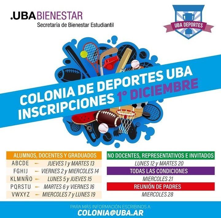 Te invitamos a la Colonia Deportiva para chicos entre los 3 y 16 años, del 2/1 al 24/2.

Enero:
1ª quincena: 02/01 - 13/01
2ª : 16/01 - 31/01
Febrero:
1ª Quincena: 01/02 - 10/02
2ª : 13/02 - 24/02

Horarios:
T. Mañana: 9 a 12:30 h
T. Tarde: 13 a 17 h
Jornada Completa: 9 a 17 h