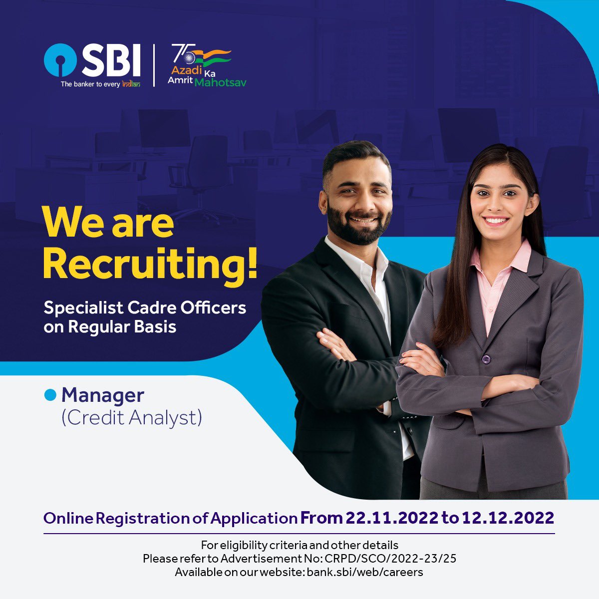 TheOfficialSBI's tweet photo. State Bank of India is recruiting Specialist Cadre Officers on a regular basis looking for an excelling career as a credit analyst.

To apply, visit: https://t.co/TquwQ1JeG0

#JoinSBIFamily #SBI #StateBankofIndia #AzadiKaAmritMahotsavWithSBI #AmritMahotsav https://t.co/Hfl3jW65Dc