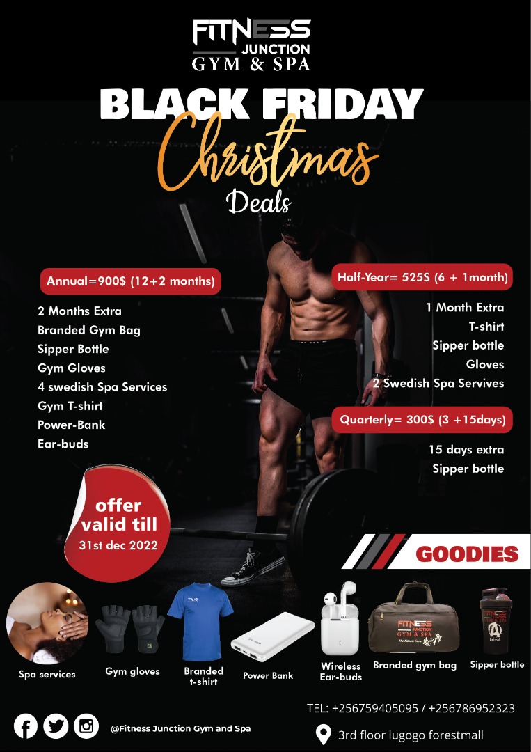 Endtoend3333's tweet photo. Black Friday and Christmas is here again, You cannot Afford to miss this. Find us at Lugogo Forest Mall Level 3 for the corporate Gym and Spa Experience.
#fitnessjunctionug https://t.co/XnTGu8p0zc