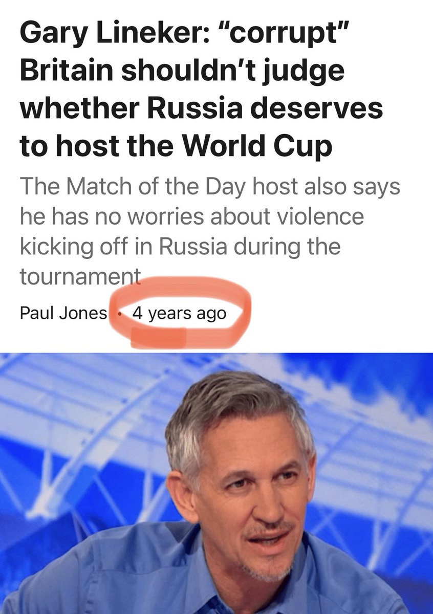 DillyHussain88's tweet image. Exhibit A for today’s highlighting of white Western European hypocrisy.

@GaryLineker in 2018 describing the UK as “corrupt” and saying we shouldn’t judge Russia hosting the World Cup.

Oppression and human rights abuses is acceptable so long as the people doing it look like us.
