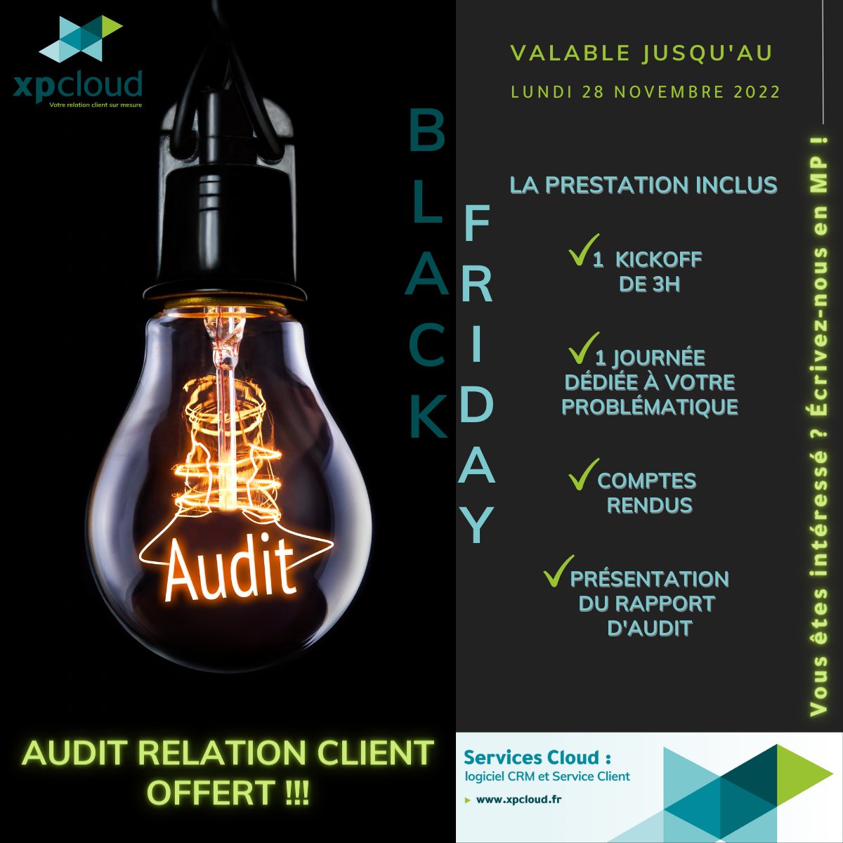XpCloud_FR's tweet photo. 📣 👋 À l'occasion du Black Friday nous vous 𝙊𝙁𝙁𝙍𝙊𝙉𝙎 𝙐𝙉 𝘼𝙐𝘿𝙄𝙏 𝙍𝙀𝙇𝘼𝙏𝙄𝙊𝙉 𝘾𝙇𝙄𝙀𝙉𝙏.

❗️👉 Dépêchez-vous, limité aux 10 premiers ❗️ https://t.co/8uCjc1YnMH