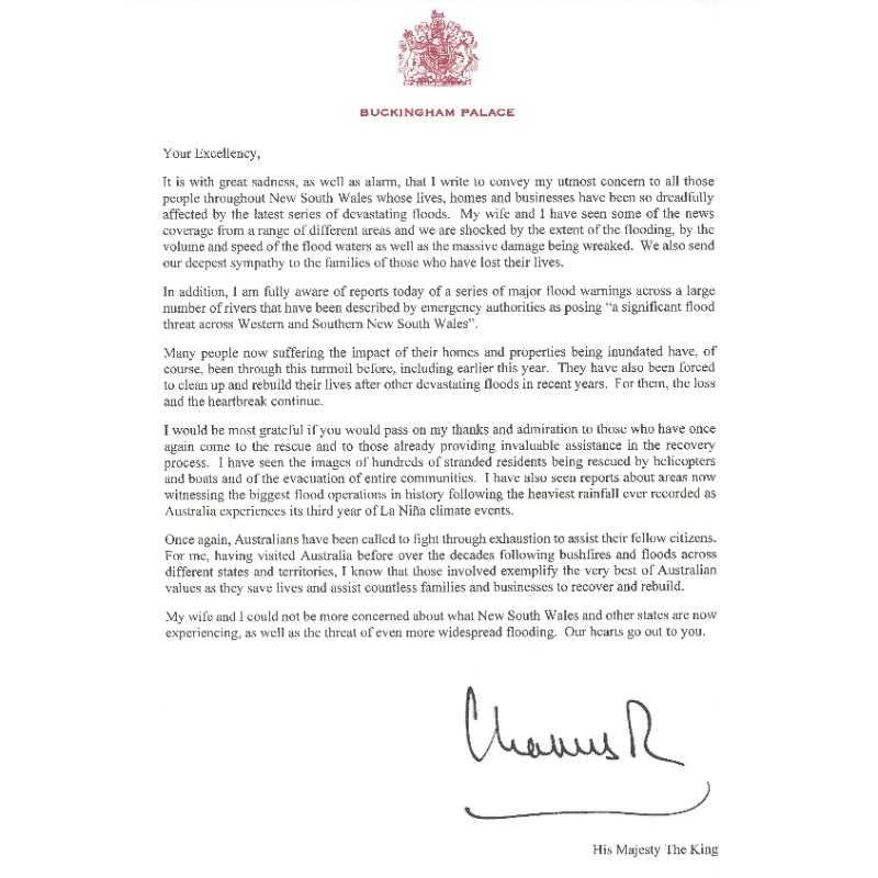 RoyalFamily's tweet photo. A message from The King to the Governor of New South Wales expressing his concern following the devastating floods in the state:
