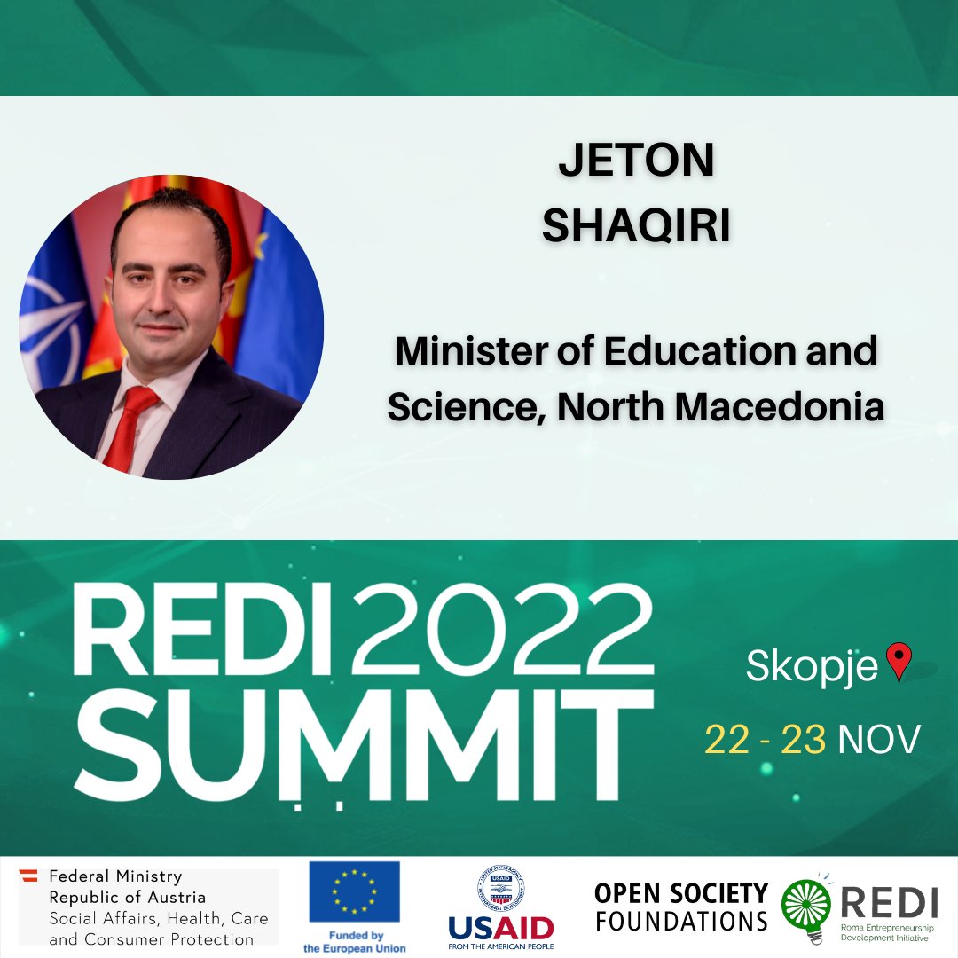 InitiativeRoma's tweet photo. For the second day of the #REDISUMMIT, we will have the pleasure to hear Mr. Jeton Shaqiri, the Minister of Education and Science in North Macedonia, as he opens the event.
#REDI #REDISUMMIT22 #REDISUMMITSkopje #RomaEntrepreneurs https://t.co/ng8DsbSmtb