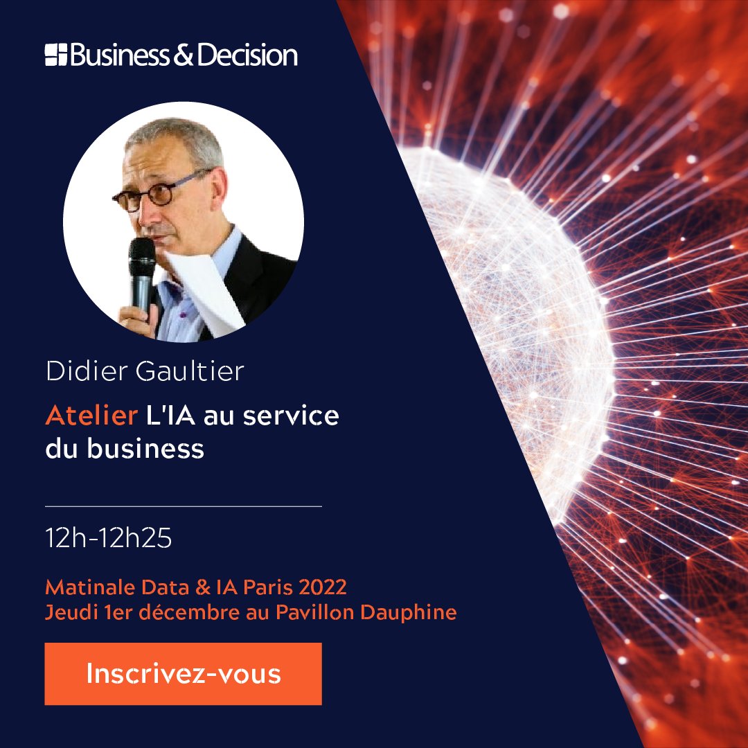 BD_Group's tweet photo. [Atelier] L'IA au service du business 🚀
📆 Jeudi 1er déc. à 12h 
📍 Matinale #Data &amp; #IA – Paris (Pavillon Dauphine)

L’atelier sera animé par notre expert @didier_gaultier 💬

Inscriptions 👉 https://t.co/yija7LexEg

#MatinaleBD #IntelligenceArtificielle https://t.co/vk3Xf7nmEs